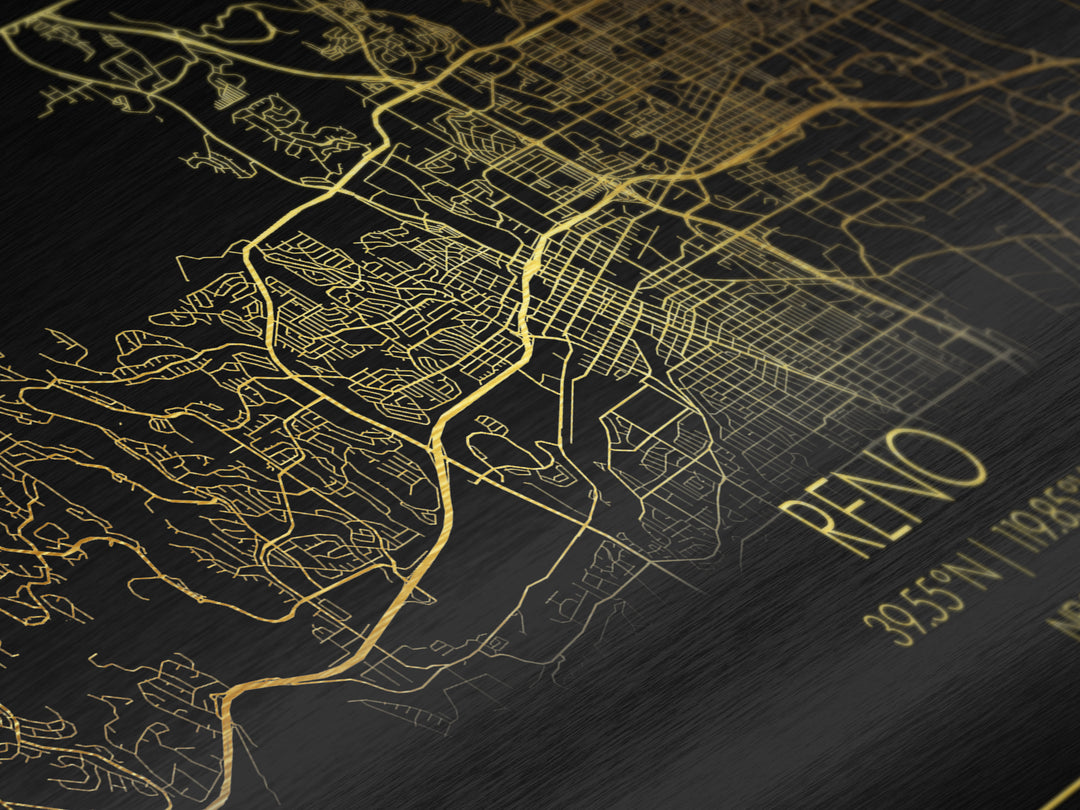 Reno Nevada City street map, Metallic Gold Print, Metal Art, wood framed map, black and gold, Street Map Art, Office Decor