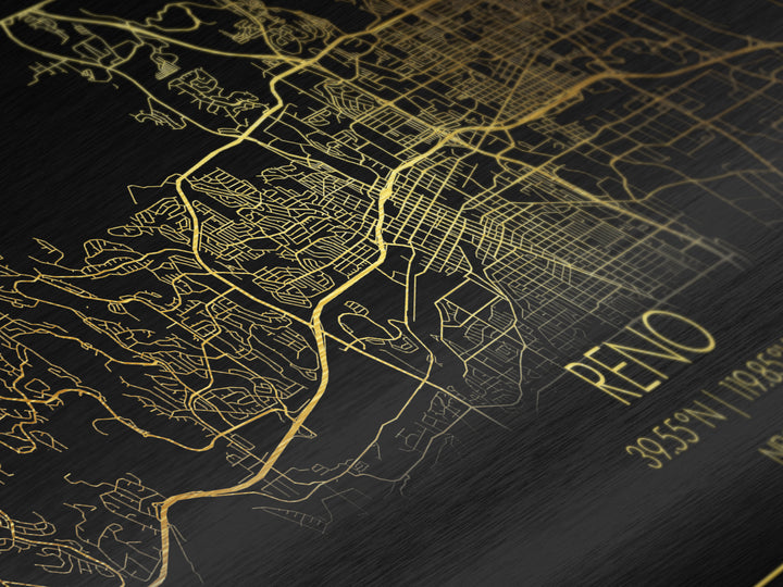 Reno Nevada City street map, Metallic Gold Print, Metal Art, wood framed map, black and gold, Street Map Art, Office Decor
