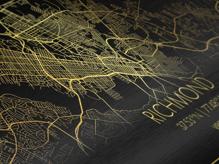 Richmond Virginia City Poster, Metallic Gold Art, Metal Art, real wood frames, black and gold, Street Map Wall Art, Housewarming Gift
