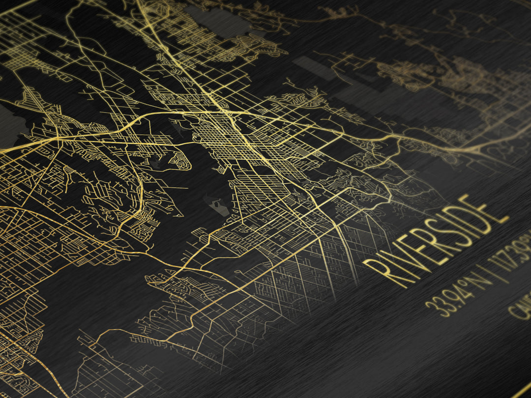 Riverside California City street map, Metallic Gold Print, Metal Art, wood framed map, black and gold, Street Map Art, Real Wood Frames