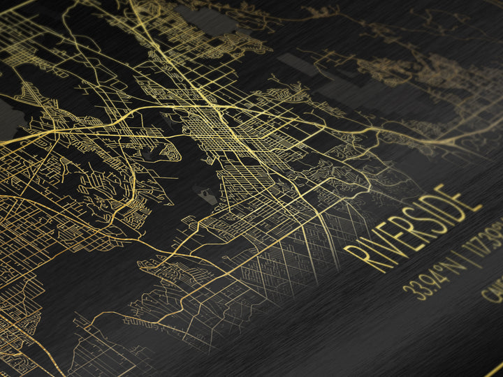 Riverside California City street map, Metallic Gold Print, Metal Art, wood framed map, black and gold, Street Map Art, Real Wood Frames