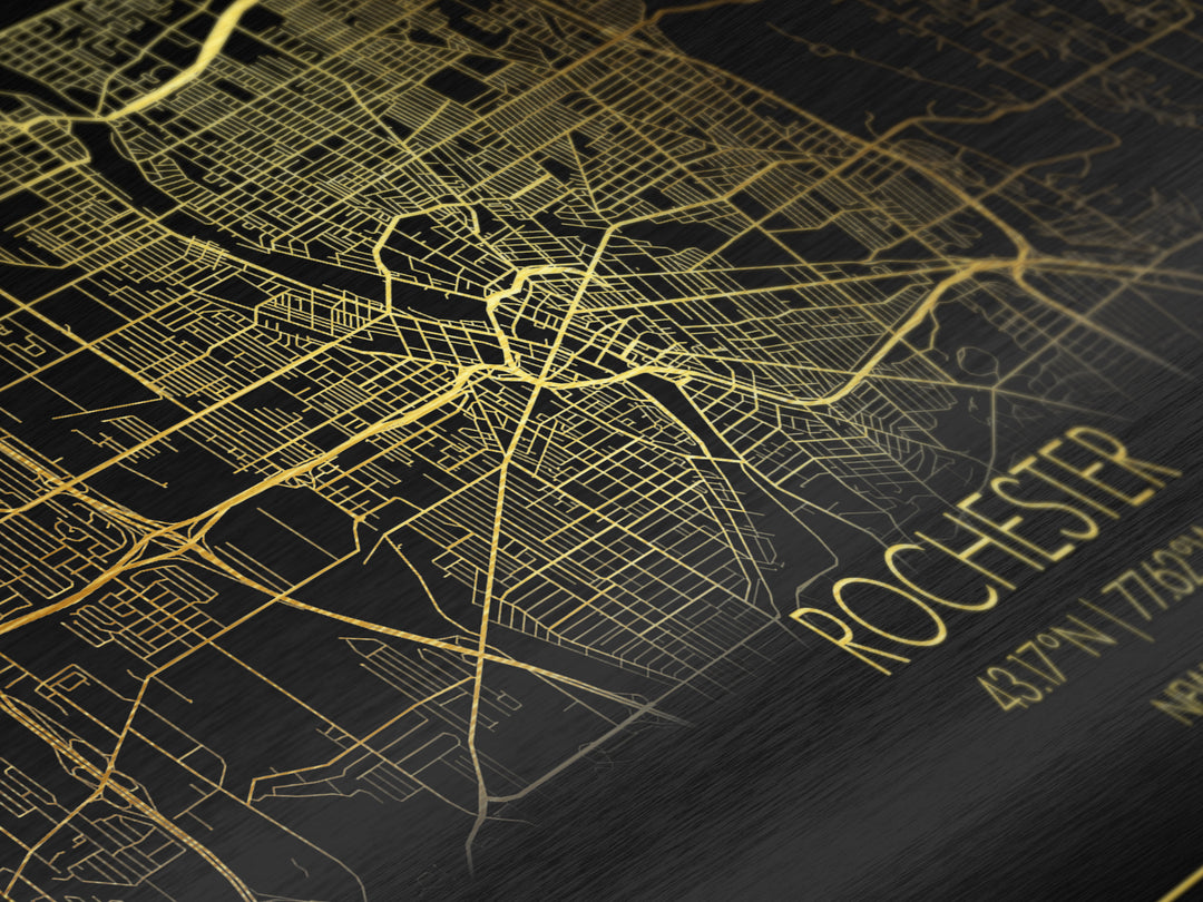 Rochester New York City Poster, Metallic Gold Art, Metal Art, real wood frames, black and gold, Street Map Wall Art, Gold Street Map Art