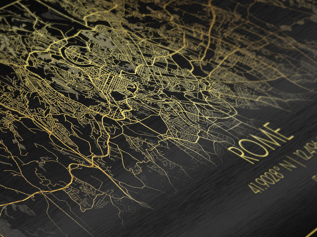 Rome Italy City street map, Metallic Gold Print, Metal Art, wood framed map, black and gold, Street Map Art, Modern Wall Art