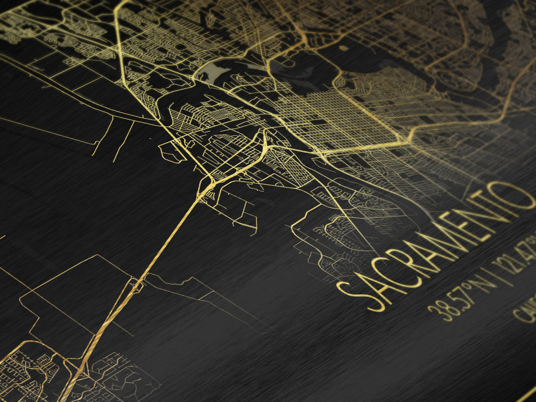 Sacramento California City Poster, Metallic Gold Art, Metal Art, real wood frames, black and gold, Street Map Wall Art, Minimalist Wall Art
