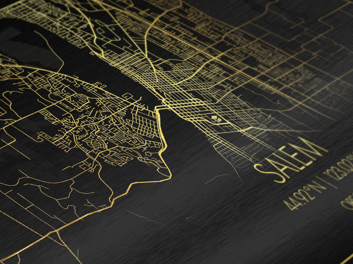 Salem Oregon City Poster, Metallic Gold Art, Metal Art, real wood frames, black and gold, Street Map Wall Art, Gold Street Map Art