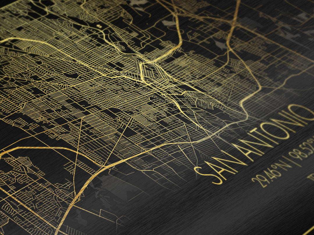 San Antonio Texas City Poster, Metallic Gold Art, Metal Art, real wood frames, black and gold, Street Map Wall Art, College Dorm Décor