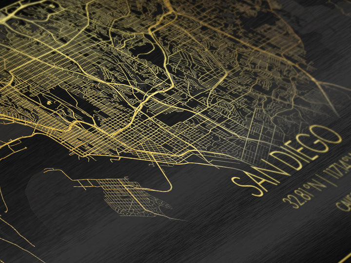 San Diego California City Poster, Metallic Gold Art, Metal Art, real wood frames, black and gold, Street Map Wall Art, Minimalist Wall Art