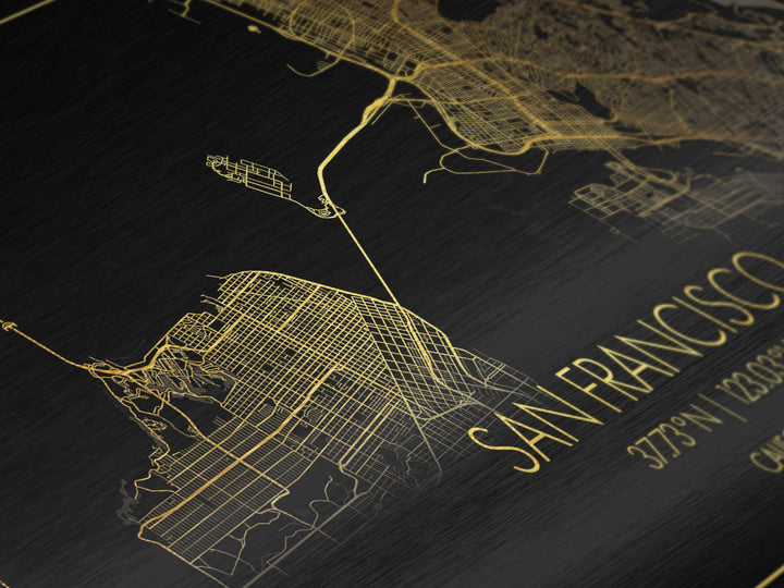 San Francisco California City street map, Metallic Gold Print, Metal Art, wood framed map, black and gold, Street Map Art, Gold Street Map Art