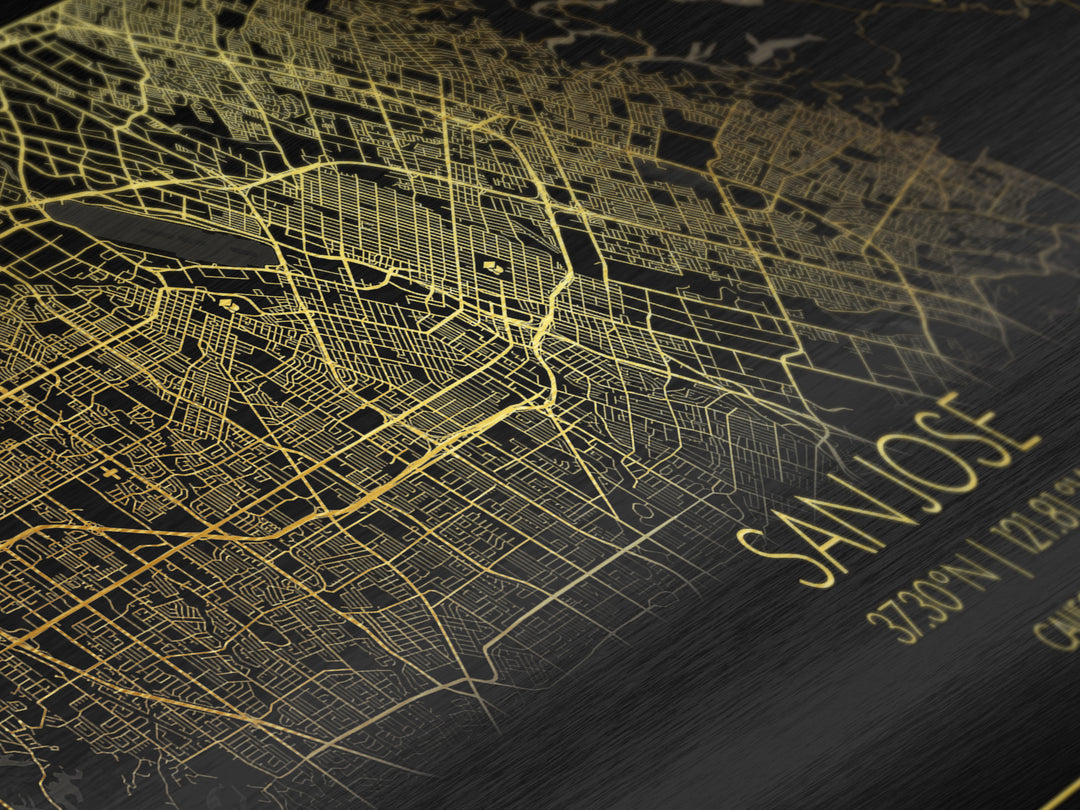 San Jose California City Poster, Metallic Gold Art, Metal Art, real wood frames, black and gold, Street Map Wall Art, Housewarming Gift