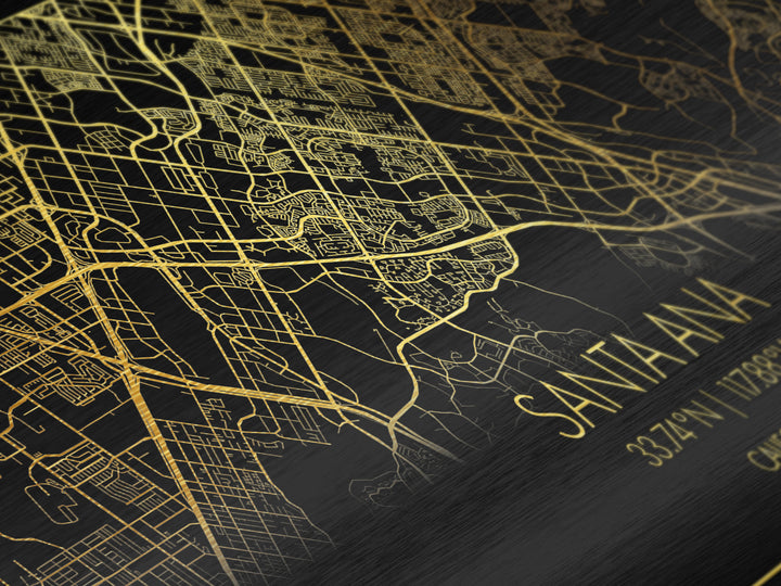 Santa Ana California City street map, Metallic Gold Print, Metal Art, wood framed map, black and gold, Street Map Art, Modern Wall Art