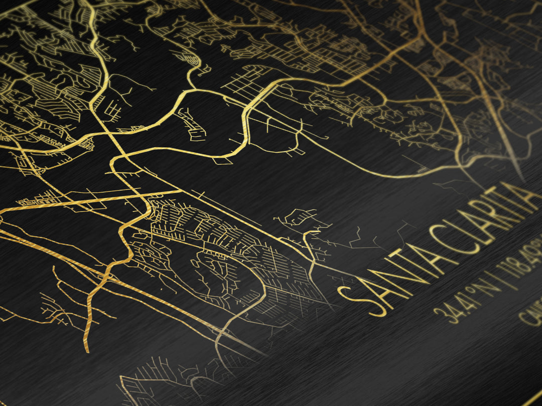 Santa Clarita California City Poster, Metallic Gold Art, Metal Art, real wood frames, black and gold, Street Map Wall Art, Real Wood Frames