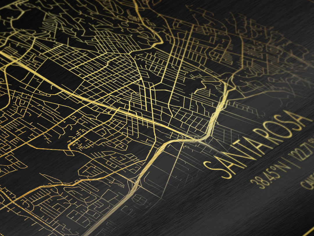 Santa Rosa California City street map, Metallic Gold Print, Metal Art, wood framed map, black and gold, Street Map Art, Minimalist Wall Art