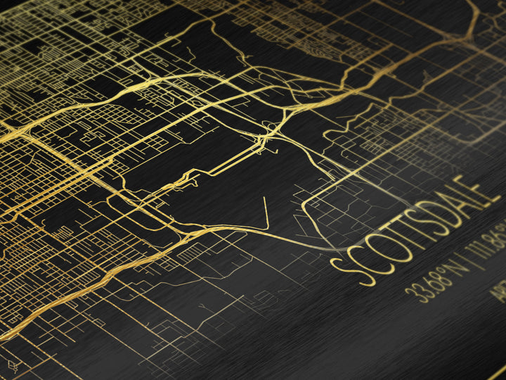 Scottsdale Arizona City Poster, Metallic Gold Art, Metal Art, real wood frames, black and gold, Street Map Wall Art, Map Art
