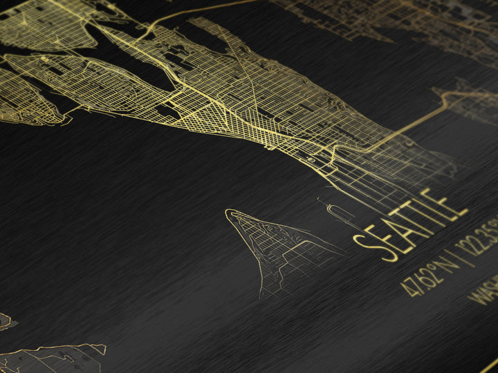 Seattle Washington City street map, Metallic Gold Print, Metal Art, wood framed map, black and gold, Street Map Art, Gold Street Map Art