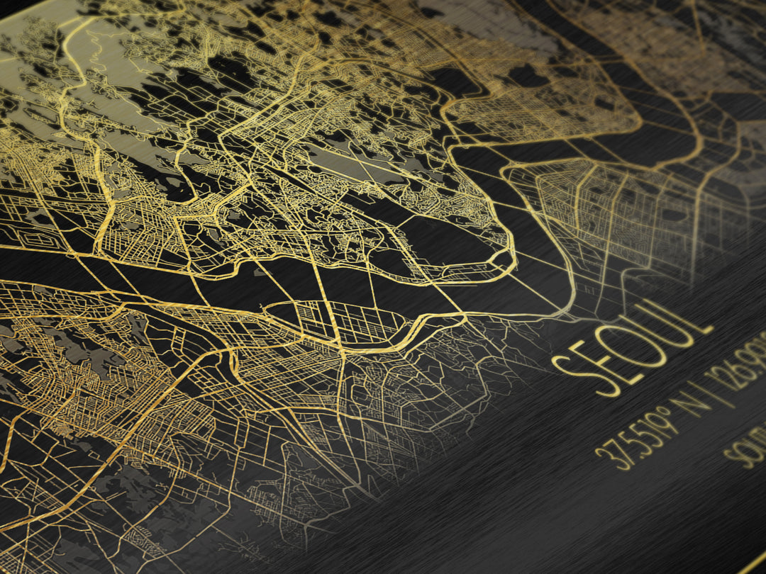 Seoul South Korea City Poster, Metallic Gold Art, Metal Art, real wood frames, black and gold, Street Map Wall Art, Office Decor