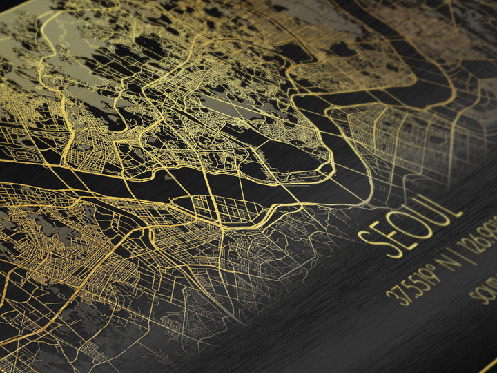 Seoul South Korea City Poster, Metallic Gold Art, Metal Art, real wood frames, black and gold, Street Map Wall Art, Office Decor
