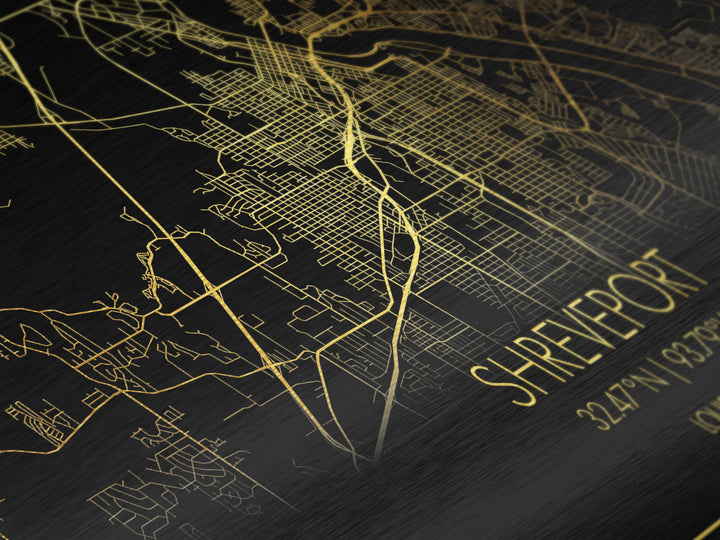 Shreveport Louisiana City street map, Metallic Gold Print, Metal Art, wood framed map, black and gold, Street Map Art, Real Wood Frames