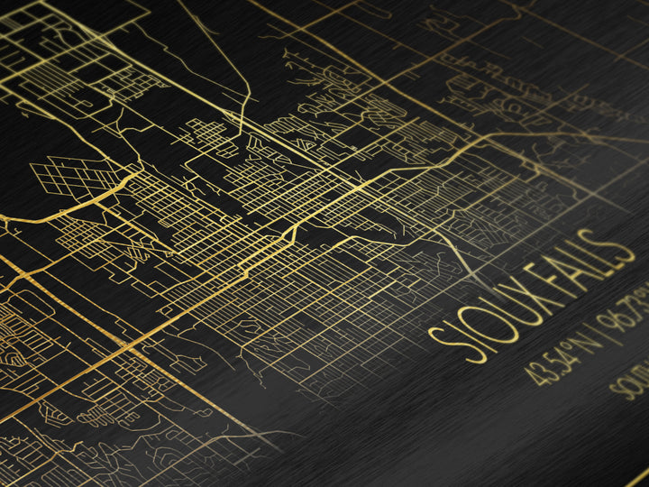 Sioux Falls South Dakota City street map, Metallic Gold Print, Metal Art, wood framed map, black and gold, Street Map Art, Best Friend Gifts