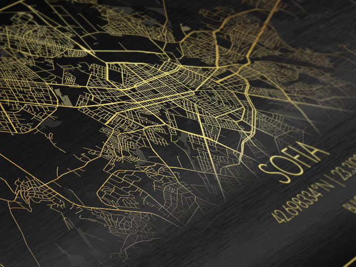 Sofia Bulgaria City Poster, Metallic Gold Art, Metal Art, real wood frames, black and gold, Street Map Wall Art, Modern Wall Art