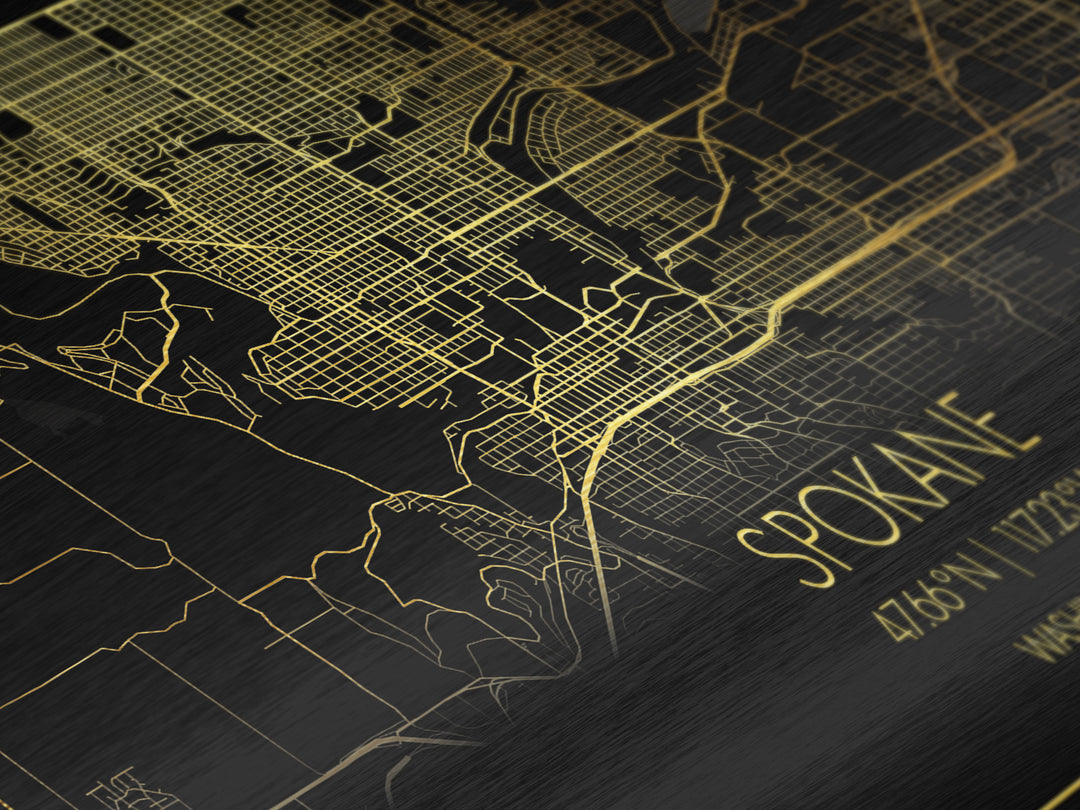 Spokane Washington City street map, Metallic Gold Print, Metal Art, wood framed map, black and gold, Street Map Art, Modern Wall Art