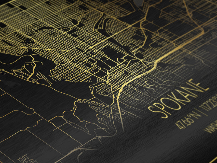 Spokane Washington City street map, Metallic Gold Print, Metal Art, wood framed map, black and gold, Street Map Art, Modern Wall Art