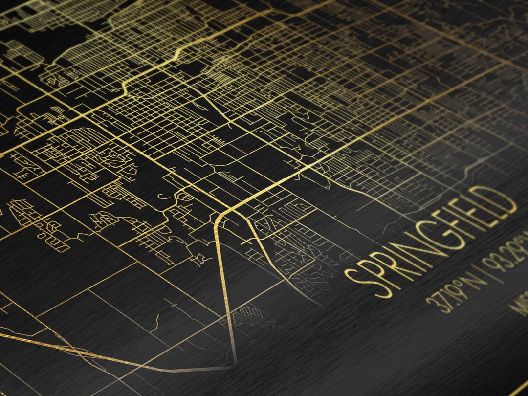 Springfield Missouri City Poster, Metallic Gold Art, Metal Art, real wood frames, black and gold, Street Map Wall Art, Minimalist Wall Art