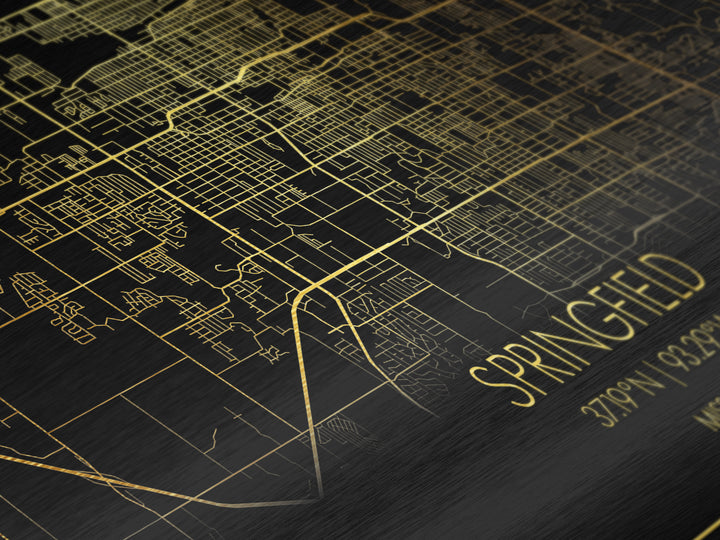 Springfield Missouri City Poster, Metallic Gold Art, Metal Art, real wood frames, black and gold, Street Map Wall Art, Minimalist Wall Art
