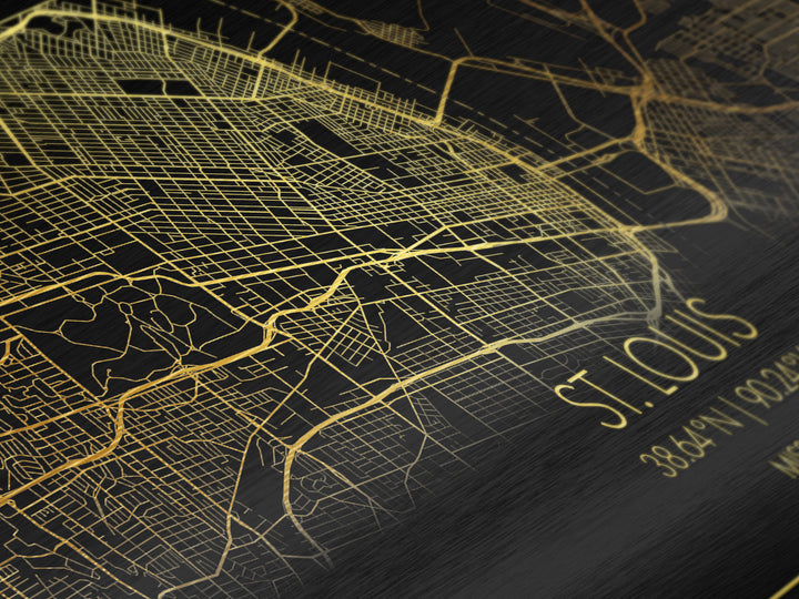 St. Louis Missouri City street map, Metallic Gold Print, Metal Art, wood framed map, black and gold, Street Map Art, Gold Street Map Art