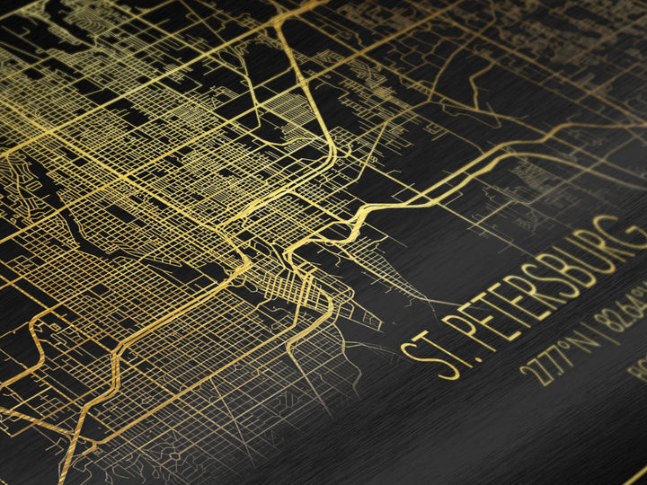 St. Petersburg Florida City street map, Metallic Gold Print, Metal Art, wood framed map, black and gold, Street Map Art, Real Wood Frames