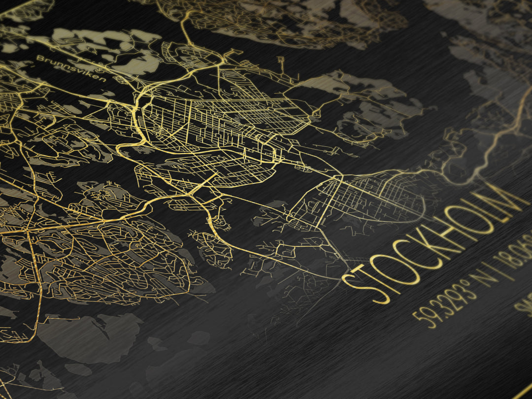 Stockholm Sweden City Poster, Metallic Gold Art, Metal Art, real wood frames, black and gold, Street Map Wall Art, Housewarming Gift