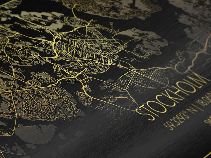 Stockholm Sweden City Poster, Metallic Gold Art, Metal Art, real wood frames, black and gold, Street Map Wall Art, Housewarming Gift