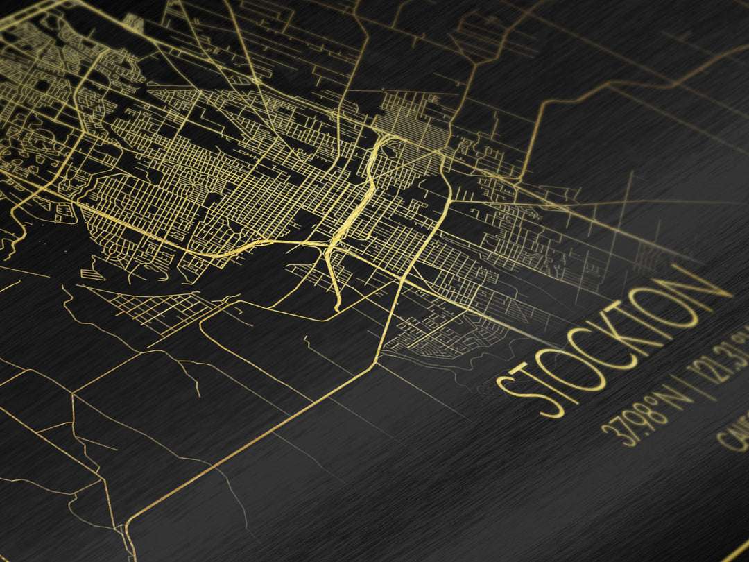 Stockton California City street map, Metallic Gold Print, Metal Art, wood framed map, black and gold, Street Map Art, Modern Wall Art