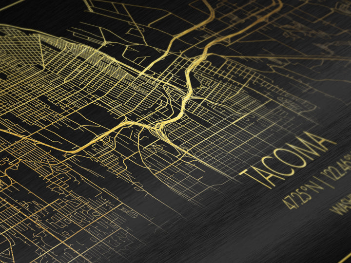 Tacoma Washington City Poster, Metallic Gold Art, Metal Art, real wood frames, black and gold, Street Map Wall Art, College Dorm Décor