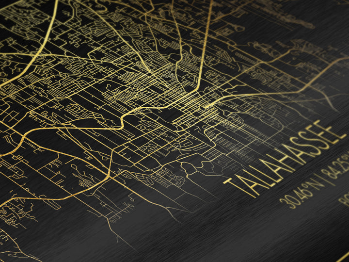 Tallahassee Florida City street map, Metallic Gold Print, Metal Art, wood framed map, black and gold, Street Map Art, Office Decor