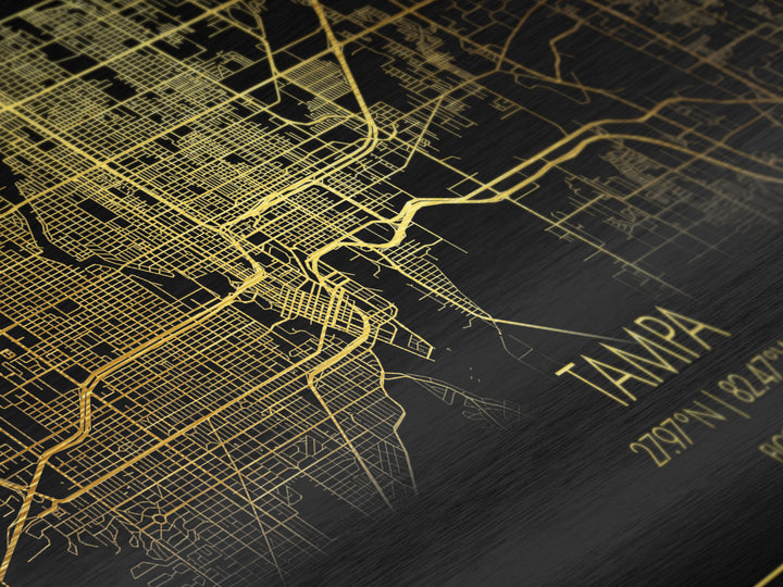 Tampa Florida City Poster, Metallic Gold Art, Metal Art, real wood frames, black and gold, Street Map Wall Art, Real Wood Frames