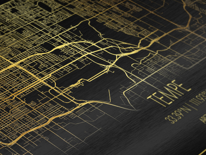 Tempe Arizona City street map, Metallic Gold Print, Metal Art, wood framed map, black and gold, Street Map Art, Modern Wall Art
