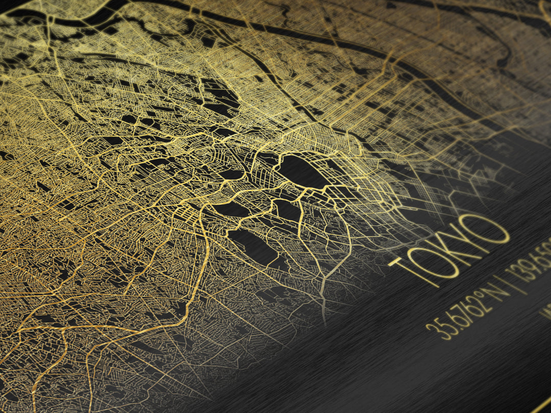 Tokyo Japan City Poster, Metallic Gold Art, Metal Art, real wood frames, black and gold, Street Map Wall Art, Minimalist Wall Art