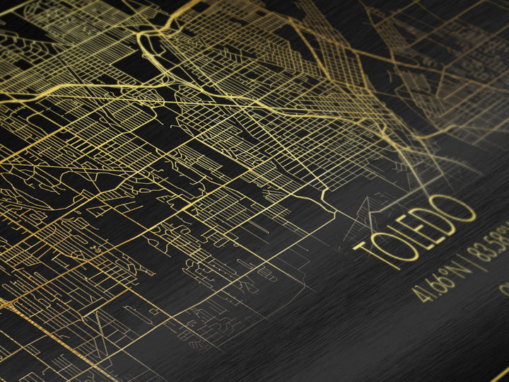 Toledo Ohio City street map, Metallic Gold Print, Metal Art, wood framed map, black and gold, Street Map Art, Gold Street Map Art