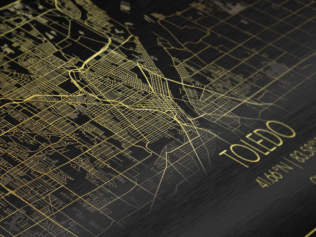 Toledo Ohio City Poster, Metallic Gold Art, Metal Art, real wood frames, black and gold, Street Map Wall Art, Real Wood Frames
