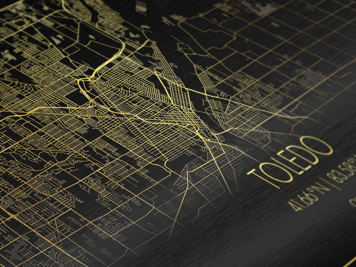 Toledo Ohio City Poster, Metallic Gold Art, Metal Art, real wood frames, black and gold, Street Map Wall Art, Real Wood Frames