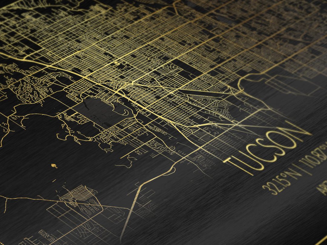 Tucson Arizona City street map, Metallic Gold Print, Metal Art, wood framed map, black and gold, Street Map Art, Housewarming Gift