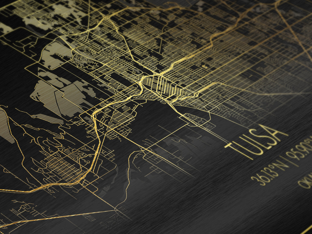 Tulsa Oklahoma City Poster, Metallic Gold Art, Metal Art, real wood frames, black and gold, Street Map Wall Art, Modern Wall Art