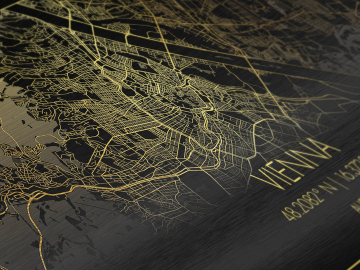 Vienna Austria City street map, Metallic Gold Print, Metal Art, wood framed map, black and gold, Street Map Art, Map Print Poster
