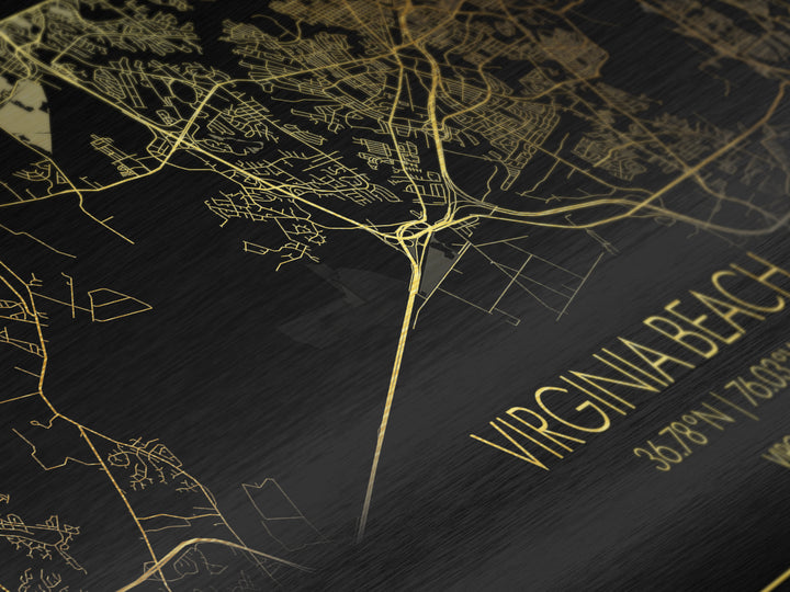 Virginia Beach Virginia City Poster, Metallic Gold Art, Metal Art, real wood frames, black and gold, Street Map Wall Art, Best Friend Gifts