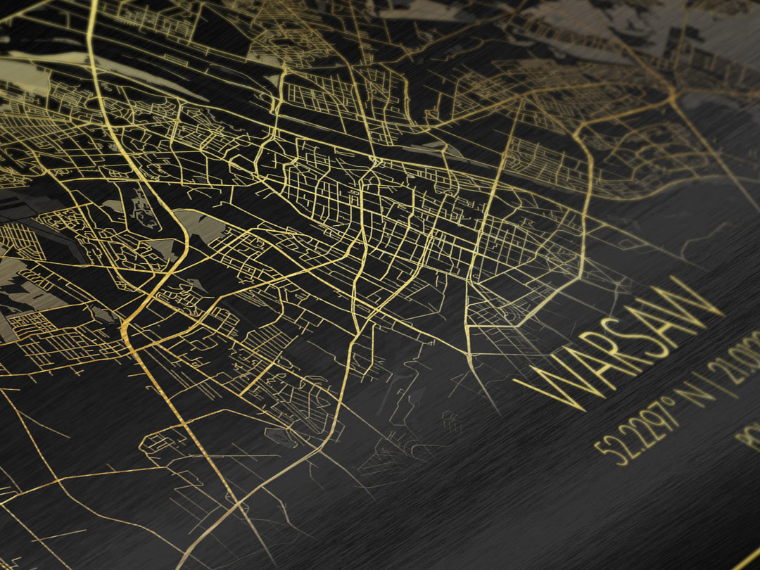 Warsaw Poland City street map, Metallic Gold Print, Metal Art, wood framed map, black and gold, Street Map Art, Real Wood Frames