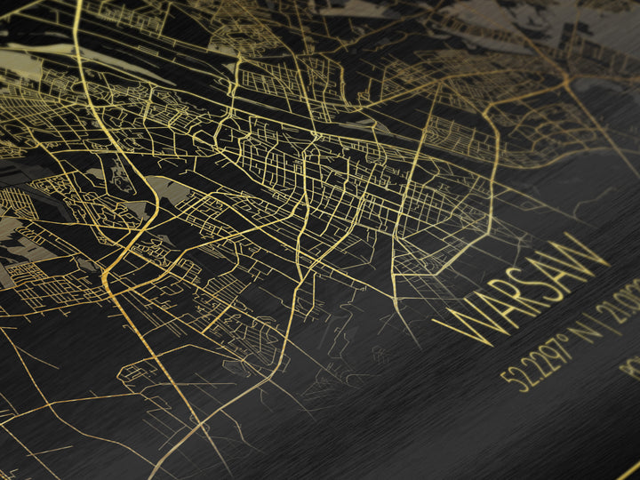 Warsaw Poland City street map, Metallic Gold Print, Metal Art, wood framed map, black and gold, Street Map Art, Real Wood Frames