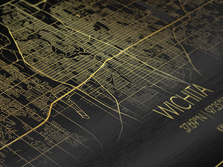 Wichita Kansas City street map, Metallic Gold Print, Metal Art, wood framed map, black and gold, Street Map Art, Minimalist Wall Art