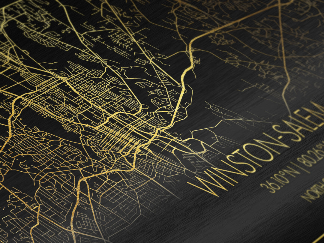 Winston Salem North Carolina City Poster, Metallic Gold Art, Metal Art, real wood frames, black and gold, Street Map Wall Art, Housewarming Gift