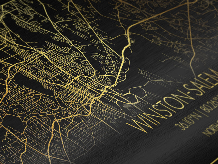 Winston Salem North Carolina City Poster, Metallic Gold Art, Metal Art, real wood frames, black and gold, Street Map Wall Art, Housewarming Gift