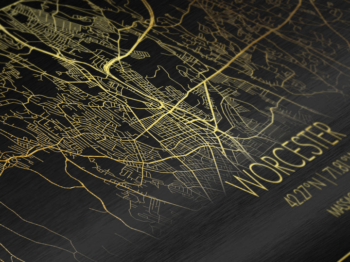 Worcester Massachusetts City street map, Metallic Gold Print, Metal Art, wood framed map, black and gold, Street Map Art, Modern Wall Art